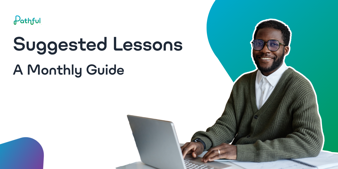 Title graphic reading "The Suggested Lessons Swim Lane: A Monthly Guide" beside a smiling educator typing on a laptop